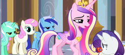 Size: 1207x534 | Tagged: safe, screencap, lyra heartstrings, minuette, princess cadance, queen chrysalis, rarity, twinkleshine, alicorn, changeling, changeling queen, pony, unicorn, a canterlot wedding, fake cadance, glasses, lidded eyes, out of context