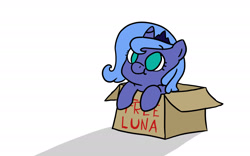 Size: 1920x1200 | Tagged: safe, artist:derpiliciouspony, princess luna, alicorn, pony, bronybait, cardboard box, cute, filly, free, lunabetes, pony in a box, solo, woona