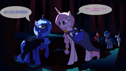 Size: 1366x768 | Tagged: safe, artist:lunarcakez, princess celestia, princess luna, oc, alicorn, pony, cloak, clothes, dark, dialogue, forest