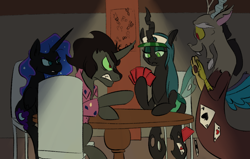 Size: 1100x700 | Tagged: safe, artist:goat train, discord, king sombra, nightmare moon, queen chrysalis, changeling, changeling queen, pony, unicorn, antagonist, card, poker, table