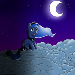 Size: 1000x1000 | Tagged: safe, artist:dunnowhattowrite, princess luna, alicorn, pony, chibi, cloud, cloudy, crescent moon, night, solo