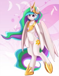 Size: 1175x1500 | Tagged: safe, artist:zokkili, princess celestia, alicorn, pony, semi-anthro, belly button, bipedal, eyelashes, looking at you, smiling, solo, standing