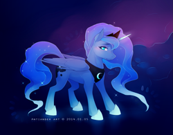 Size: 1181x919 | Tagged: dead source, safe, artist:antiander, princess luna, alicorn, pony, ethereal mane, female, glowing horn, looking at you, mare, solo, standing, starry mane