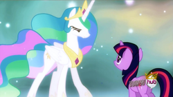 Size: 1253x707 | Tagged: safe, screencap, princess celestia, twilight sparkle, unicorn twilight, alicorn, pony, unicorn, magical mystery cure, duo, ethereal mane, female, hub logo, lidded eyes, mare, mid-blink screencap, princess celestia's special princess making dimension, void