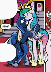 Size: 349x492 | Tagged: safe, kibitz, princess celestia, princess luna, alicorn, pony, spoiler:comic, spoiler:comicm10, cute, cutelestia, heart, hug, security hug