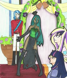 Size: 1597x1866 | Tagged: safe, artist:yuichan90, princess cadance, queen chrysalis, shining armor, twilight sparkle, human, a canterlot wedding, humanized, traditional art