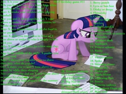 Size: 1024x768 | Tagged: safe, apple bloom, applejack, fluttershy, pinkie pie, princess cadance, princess celestia, princess luna, rainbow dash, rarity, scootaloo, shining armor, spike, sweetie belle, twilight sparkle, birthday game, cutie mark crusaders, exploitable meme, irl, macbook, mane six, meme, photo, ponies in real life, text