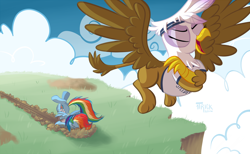 Size: 1200x738 | Tagged: safe, artist:1trick, derpibooru import, gilda, rainbow dash, griffon, pegasus, pony, crash, crash landing, dirt, faceplant, female, filly, flying, junior speedsters, rainbow crash, younger