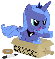 Size: 3767x4092 | Tagged: safe, artist:replaymasteroftime, princess luna, alicorn, pony, cardboard box, cute, drive me closer, filly, lunabetes, solo, tank (vehicle), woona