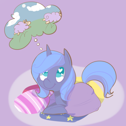 Size: 1000x1000 | Tagged: safe, artist:pegacornss, princess luna, alicorn, pony, sheep, :t, blanket, counting sheep, cute, heart eyes, looking up, lunabetes, pillow, prone, smiling, solo, thought bubble, wingding eyes