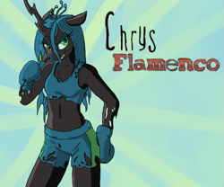 Size: 613x511 | Tagged: safe, artist:tinyhuge2, queen chrysalis, anthro, changeling, changeling queen, black rose, boxing, boxing gloves, crossover, don flamenco, nintendo, punch out, punch out wii, rose, solo