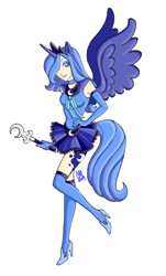 Size: 940x1561 | Tagged: safe, artist:carteraug21, princess luna, human, clothes, eared humanization, high heels, horned humanization, humanized, light skin, miniskirt, sailor moon, simple background, skirt, solo, tailed humanization, thigh highs, winged humanization