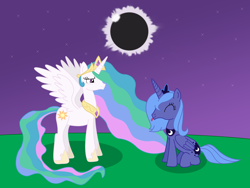 Size: 1200x900 | Tagged: safe, artist:crowfall, princess celestia, princess luna, alicorn, pony, eclipse, s1 luna, tongue out