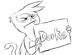 Size: 714x534 | Tagged: safe, artist:aaron amethyst, derpibooru import, gilda, griffon, a boy and his ed, crossover, dorks, ed edd n eddy, kevin, monochrome, reaction, sign