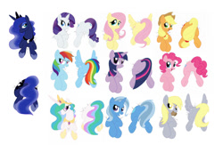 Size: 1098x718 | Tagged: safe, artist:bloodoodles, applejack, derpy hooves, fluttershy, pinkie pie, princess celestia, princess luna, rainbow dash, rarity, trixie, twilight sparkle, alicorn, earth pony, pegasus, pony, unicorn, crash, female, mare, plot