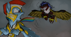 Size: 1500x800 | Tagged: safe, artist:erudier, derpibooru import, gilda, rainbow dash, griffon, pegasus, pony, angry, armor, crying, fight, herbivore vs carnivore, incomplete, predator vs prey, war, wip