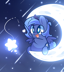 Size: 880x1000 | Tagged: safe, artist:php56, princess luna, alicorn, pony, chibi, crescent moon, cute, dreamworks, filly, fishing, fishing rod, happy, heart, lunabetes, moon, open mouth, sitting, smiling, solo, space, stars, tangible heavenly object, transparent moon, woona, younger