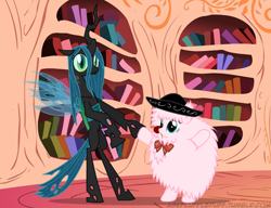 Size: 650x500 | Tagged: safe, queen chrysalis, oc, oc:fluffle puff, changeling, changeling queen, pony, female