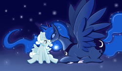 Size: 1100x641 | Tagged: safe, artist:mofumofu, princess luna, oc, oc:snowdrop, alicorn, pony, pixiv