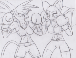 Size: 1652x1268 | Tagged: safe, artist:sonigoku, derpibooru import, gilda, anthro, griffon, boxing, boxing gloves, commission, crossover, monochrome, rouge the bat, sonic the hedgehog (series), traditional art