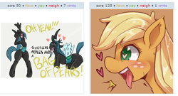 Size: 527x284 | Tagged: safe, applejack, queen chrysalis, changeling, changeling queen, earth pony, pony, exploitable meme, female, heart, juxtaposition, juxtaposition win, mare, meme, open mouth, shivering, smiling, tongue out