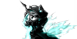 Size: 2071x1053 | Tagged: safe, artist:junkiekb, queen chrysalis, changeling, changeling queen, armor, badass, gas mask, hazmat suit, hood, solo