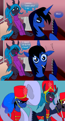 Size: 1280x2382 | Tagged: safe, artist:jokerpony, king sombra, princess luna, queen chrysalis, alicorn, changeling, changeling queen, pony, unicorn, ask teen chrysalis, band, baton, clothes, comic, goth, guitar, hat, marching band, musical instrument, smoking, sousaphone, sweater, tuba, tumblr