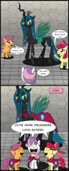 Size: 1006x2478 | Tagged: safe, artist:r-c-h, apple bloom, queen chrysalis, scootaloo, sweetie belle, changeling, changeling queen, blushing, comic, cutie mark crusaders