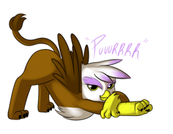 Size: 1350x1050 | Tagged: safe, artist:kloudmutt, derpibooru import, gilda, griffon, bedroom eyes, behaving like a cat, catbird, face down ass up, griffons doing cat things, looking at you, purring, simple background, smiling, solo, spread wings, white background