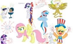 Size: 801x481 | Tagged: safe, artist:shuffle001, derpibooru import, angel bunny, applejack, derpy hooves, fluttershy, gilda, rainbow dash, rarity, twilight sparkle, earth pony, griffon, pegasus, pony, unicorn, 4th of july, female, fireworks, hat, mare, muffin, rocket, united states, wahaha