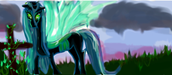 Size: 950x416 | Tagged: safe, artist:bruja1993, queen chrysalis, changeling, changeling queen, female, green eyes, horn, solo