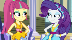 Size: 1912x1072 | Tagged: safe, screencap, rarity, sour sweet, dance magic, equestria girls, spoiler:eqg specials, :j, canterlot high, clothes, dress, duo, female, freckles, hand on hip, headband, lidded eyes, ponytail, skirt, smiling, teletoon