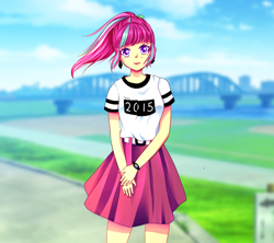 Size: 900x800 | Tagged: safe, artist:electricshine, sour sweet, equestria girls, belt, bridge, clothes, cute, ear piercing, earring, female, freckles, jewelry, looking at you, moe, piercing, ponytail, shirt, skirt, solo, watch