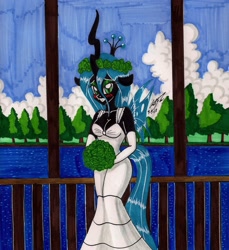 Size: 1618x1764 | Tagged: safe, artist:newyorkx3, queen chrysalis, anthro, changeling, changeling queen, blushing, breasts, bride, cleavage, clothes, dress, eyeshadow, female, green eyeshadow, makeup, queen chrysaltits, solo, traditional art, wedding dress