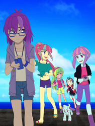 Size: 1507x1990 | Tagged: safe, artist:fantasygerard2000, indigo zap, lemon zest, sour sweet, sunny flare, oc, oc:magus eveningstar, oc:percy the robot dog, robot, equestria girls, belly button, cellphone, clothes, cloud, glasses, looking back, phone, robot dog, sandals, sky, smiling, sunny flare's wrist devices