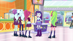 Size: 1280x717 | Tagged: safe, screencap, lemon zest, rarity, sour sweet, sugarcoat, sunny flare, dance magic, equestria girls, spoiler:eqg specials, clothes, crystal prep academy uniform, school uniform