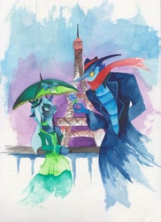 Size: 2550x3501 | Tagged: safe, artist:artist-apprentice587, queen chrysalis, changeling, changeling queen, a monster in paris, clothes, crossover, duo, eiffel tower, looking at each other, paris, profile, rose, traditional art, umbrella, watercolor painting