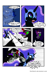 Size: 792x1224 | Tagged: safe, artist:donzatch, king sombra, nightmare moon, princess luna, alicorn, pony, umbrum, unicorn, comic:tale of twilight, blood, comic, dark magic, fight, magic, sombra eyes