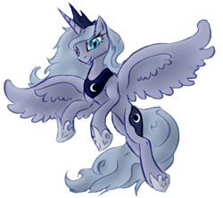 Size: 719x637 | Tagged: safe, artist:remains, princess luna, alicorn, pony, female, flying, looking at you, mare, s1 luna, simple background, smiling, solo, spread wings, white background
