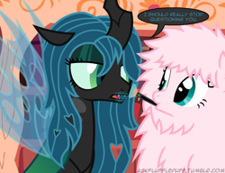 Size: 650x500 | Tagged: safe, artist:mixermike622, queen chrysalis, oc, oc:fluffle puff, changeling, changeling queen, female, horn