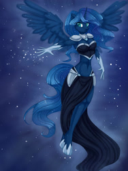 Size: 2088x2776 | Tagged: safe, artist:misukitty, princess luna, alicorn, anthro, unguligrade anthro, belly button, cleavage, female, hoof shoes, midriff, night, solo