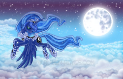 Size: 1024x663 | Tagged: safe, artist:rubenreyes, princess luna, alicorn, pony, cloud, cloudy, flying, moon, night, solo, stars