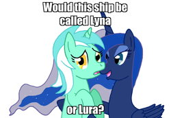 Size: 1480x1021 | Tagged: safe, artist:hakar-kerarmor, lyra heartstrings, princess luna, alicorn, pony, conspiracy lyra, crack shipping, exploitable meme, lura, lyna, lyra is not amused, meme, shipping