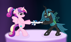 Size: 1024x606 | Tagged: safe, artist:hip-indeed, princess cadance, queen chrysalis, shining armor, alicorn, changeling, changeling queen, nymph, pony, unicorn, cute, cutealis, cutedance, doll, duo, duo female, female, fight, filly, filly queen chrysalis, foal, gradient background, plushie, teen princess cadance, teenager, toy, younger