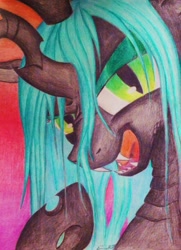 Size: 1484x2050 | Tagged: safe, artist:thewolfheart89, queen chrysalis, changeling, changeling queen, fangs, portrait, solo, traditional art