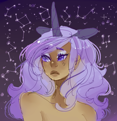 Size: 634x653 | Tagged: safe, artist:costly, princess luna, human, bare shoulder portrait, constellation, dark skin, eared humanization, horned humanization, humanized, night, solo, stars