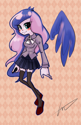 Size: 1129x1741 | Tagged: safe, artist:lessue, princess luna, equestria girls, alternate costumes, floating wings, pixiv, solo, wings