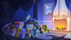 Size: 1920x1080 | Tagged: safe, artist:lionheartcartoon, baby moondancer, lily, princess luna, oc, oc:candlelight, oc:fly-by-night, oc:gari, oc:magpie, oc:night light, oc:nightshade, oc:spirit, oc:springsign, oc:tingle, oc:trotamundo, oc:wind whisper, alicorn, pony, book, children of the night, colt, dark, filly, fireplace, foal, jack skellington, male, pillow, reading, slice of life, sofa, the nightmare before christmas