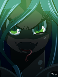 Size: 600x800 | Tagged: safe, artist:cakewasgood, queen chrysalis, changeling, changeling queen, close-up, female, forked tongue, looking at you, portrait, solo, tongue out, want