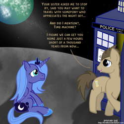Size: 1000x1000 | Tagged: safe, artist:invidlord, doctor whooves, princess luna, alicorn, pony, doctor who, good end, moon, s1 luna, tardis
